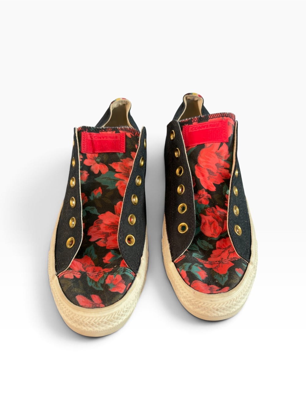 Converse Floral Sneakers, W10 gold grommets, stripes on the back